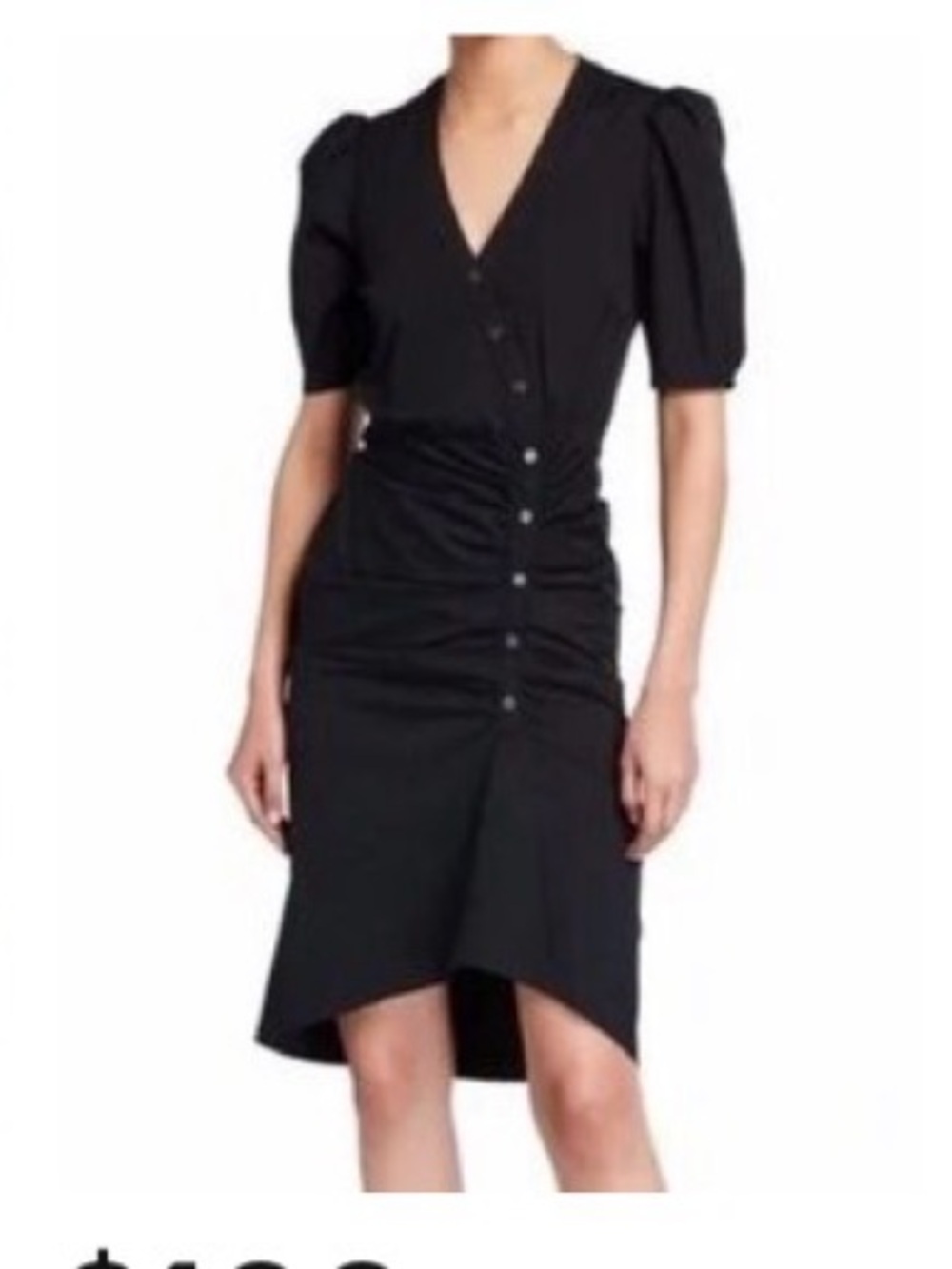 Veronica Beard Atia Black Ruched Cotton Midi Dress V-Neck Button Front Size 4